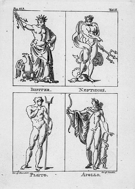 Jupiter, Neptunus, Pluto och Apollo. Illustration till "Handbok för fruntimmer"