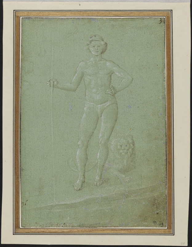 Nude young man holding a staff, a lion at his feet