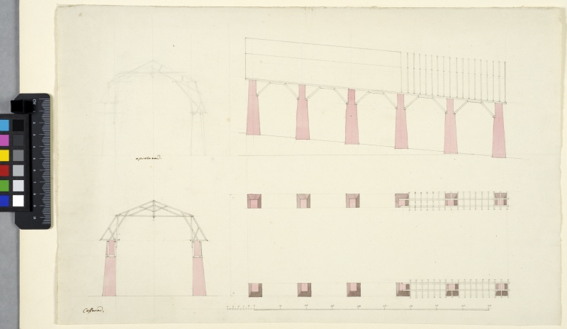 Wasaskjulet i Karlskrona. Plan, fasad och två sektioner, en approberad och en kasserad