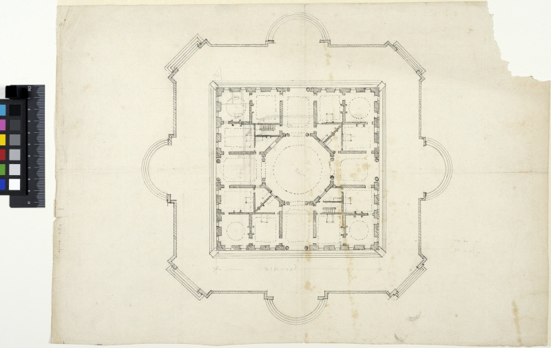 Château de Marly. Ground floor plan of the Royal pavilion with outlined parts of the upper floor plan