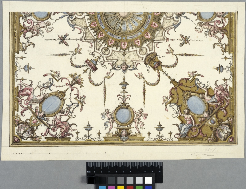 Design for One Half of a Ceiling with Grotesques and Seated Figures
