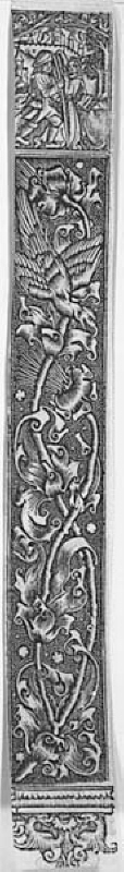 illustrationer till bönbok: Tobias, ängeln och fisken; fågel i rankornament