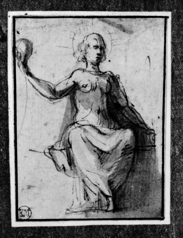 Sittande draperad kvinna sedd framifrån, med en glob i sin högra hand