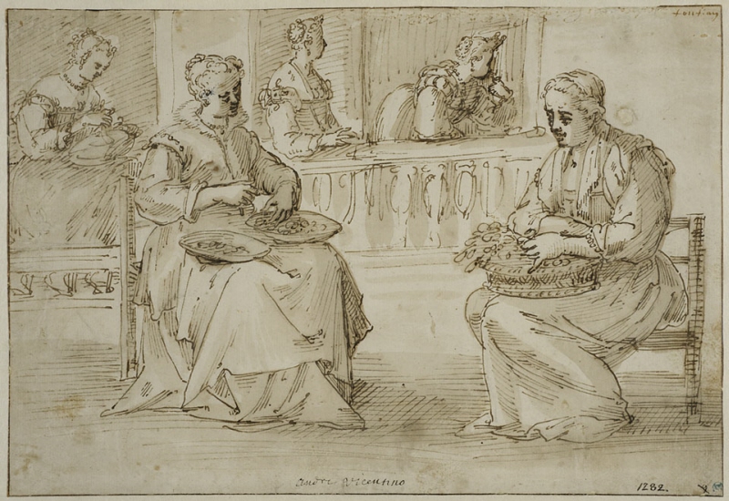 Två kvinnor med skålar i knät sitter på en terrass