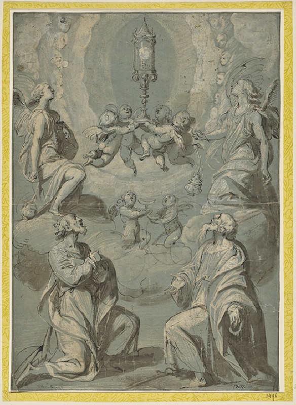 Two Kneeling Saints and Angels Venerating the Monstrance