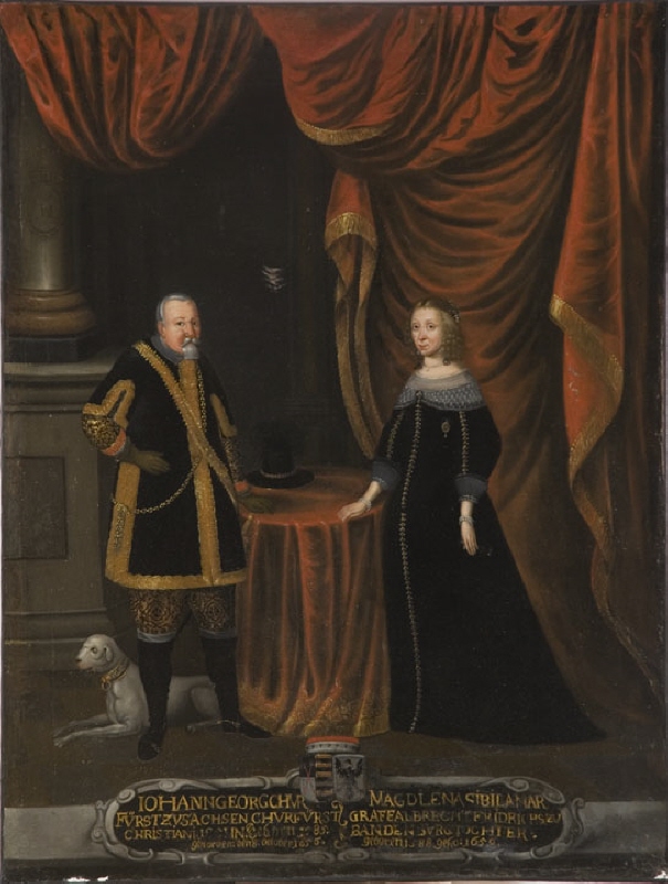 Johan Georg I (1585-1656), elector of Saxony, married to 1. Sibylla Elisabet of Würtemberg, 2. Magdalena Sibylla of Brandenburg-PrussiaWith his second spouse: Magdalena Sibylla (1586-1659), princess of Brandenburg-Prussia, electress of Saxony