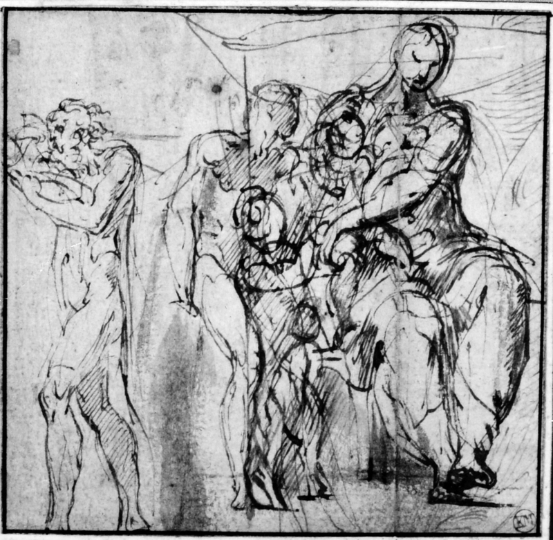 Studie för "Madonna dal collo lungo" med Johannes Döparen som barn och ett manligt helgon; en man gående till vänster