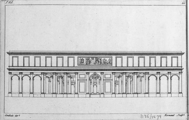 Fasad av byggnad i antik stil. Ingår i "Architecture de différents Maîtres"