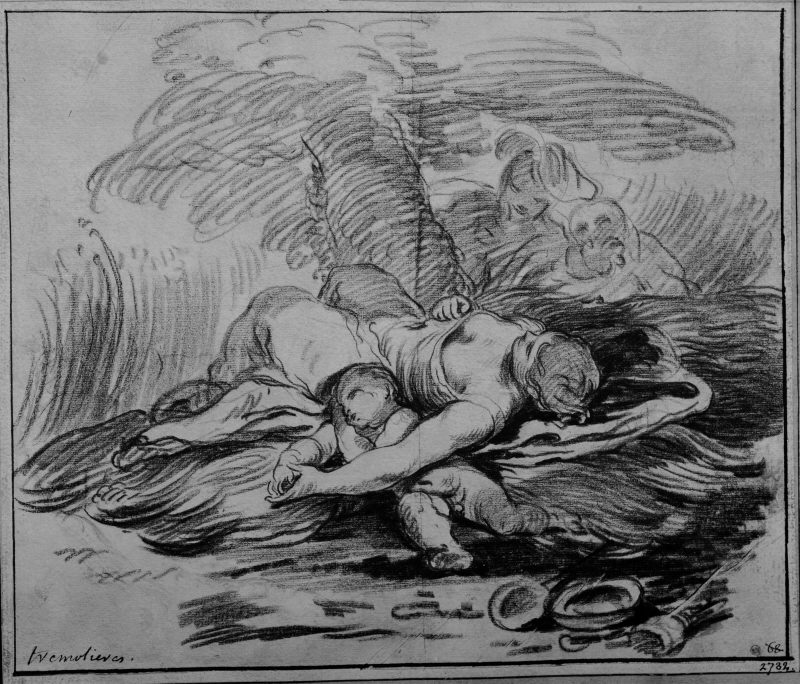 Kvinna och barn som sover på marken