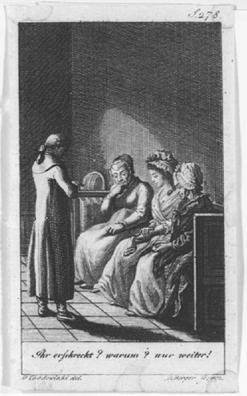 Stående man framför tre kvinnor. Ur Illustration till Leipziger kalender 1793