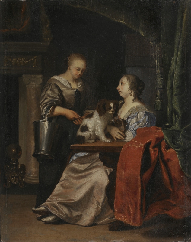 Interiör med två damer och två hundar