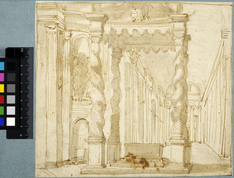 Interiörvy av Peterskyrkan i Rom med Berninis baldakin i förgrunden