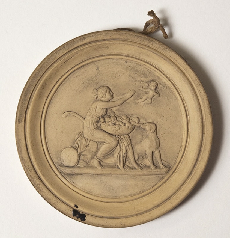 Relief, antikiserande scen med sittande kvinna, hund och amoriner