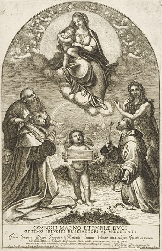 Maria med barnet, Johannes Döparen d h Franciskus m fl helgon, den s k Madonna di Foligno
