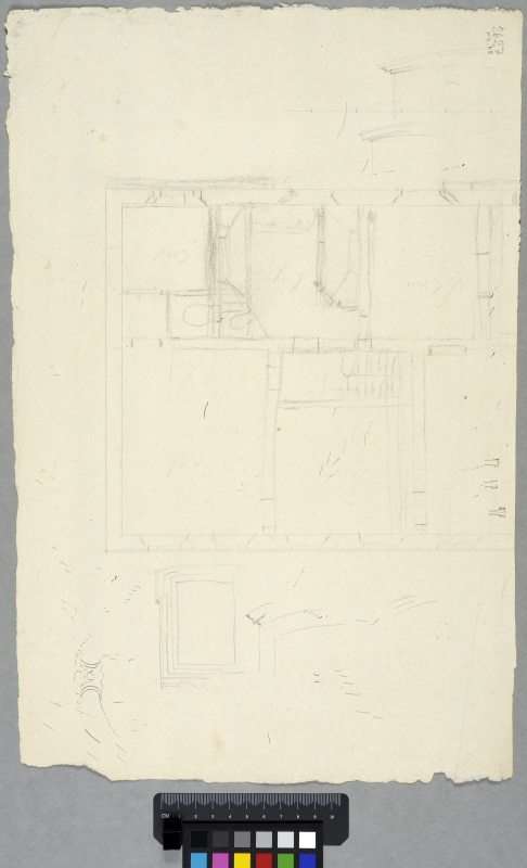 Design for a Circular Place Publique Enclosed by Townhouses. Study for elevation and plan of left half of a palace facade