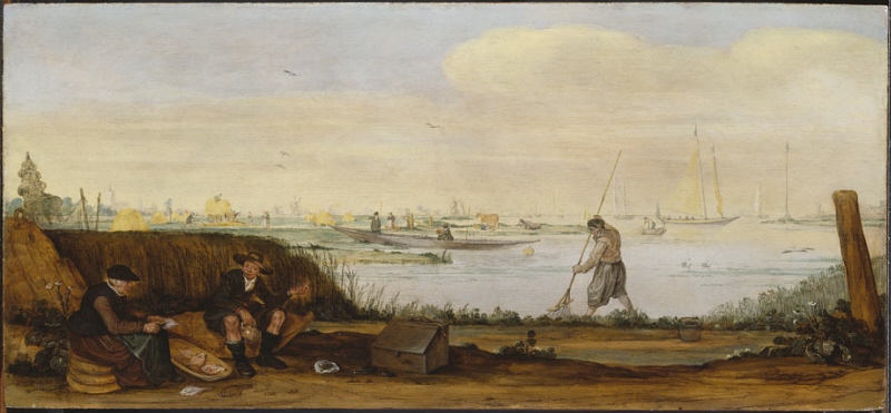 Flodlandskap med båtar och fiskare