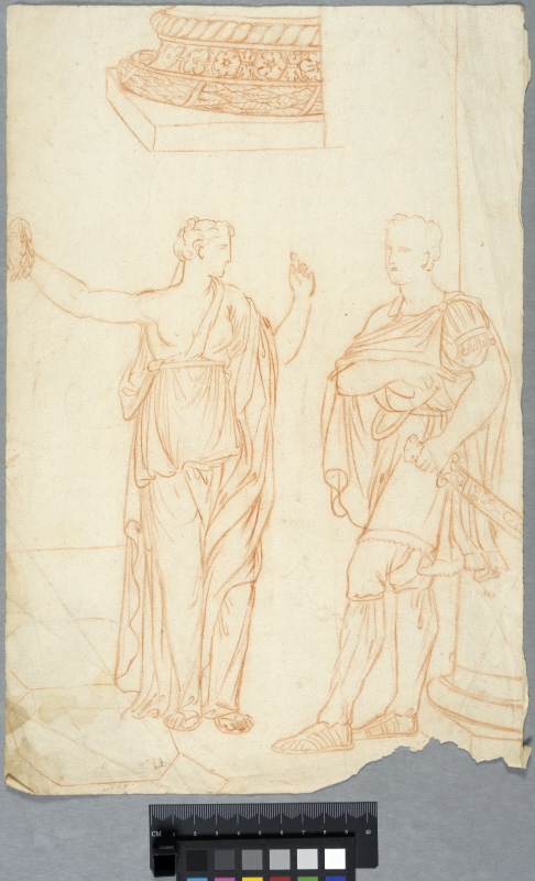Två stående gestalter i antikens dräkter samt en studie av en kolonnbas