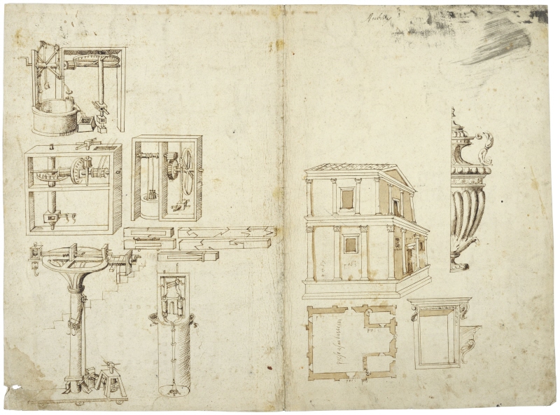 Mekaniska ritningar av vattenpumpar m.m., en romersk vas, en fönsterinramning samt plan och perspektiv av mindre tvåvånig byggnad