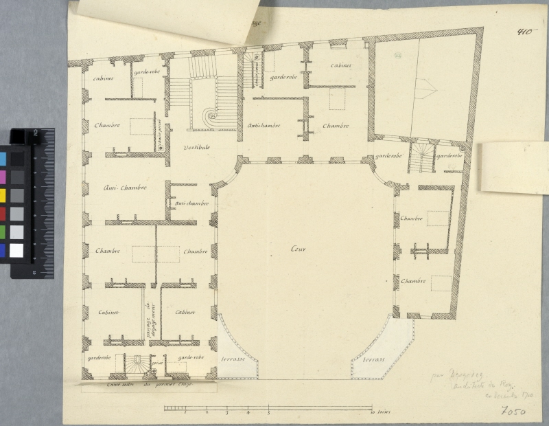 House of Monsieur Nicole at Rue Ste. Foy, Paris. First floor plan, with alternatives and entresol plans showing on flaps