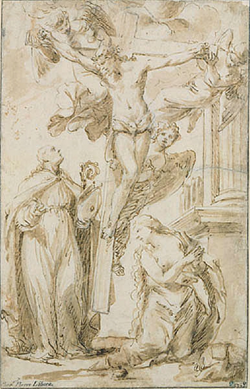 Korsfäst Kristus flankerad av S:t Lorenzo Gustanianus och den knäböjande Magdalena