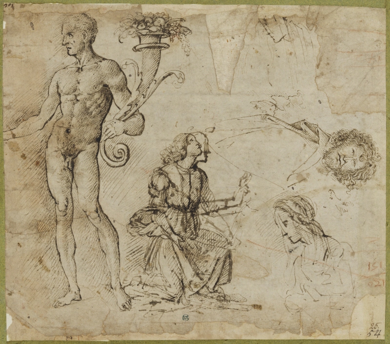 Nude man with cornucopia, a kneeling angel and the head of a Madonna and of a bearded man