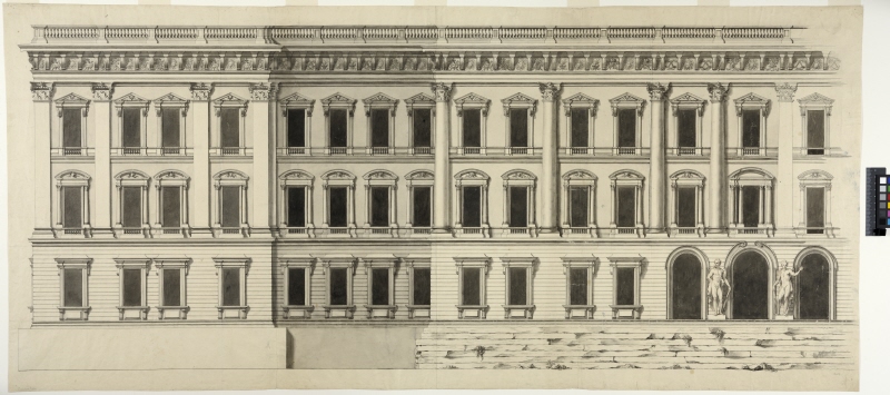 Teckning av Berninis modell för det fjärde Louvreförslaget. Elevation av den östra fasaden