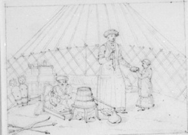 Orientalisk familj i sitt tält med rutstaket nedtill