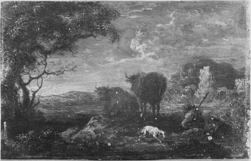 Landskap med herdar, hund och boskap