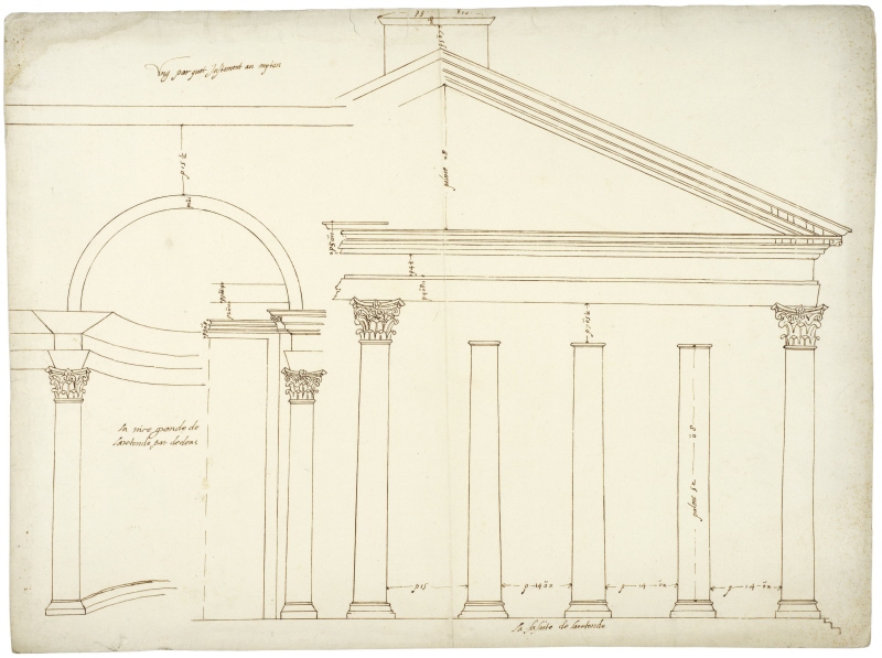 Rome: Pantheon, interior cella, main apse, half-perspectival elevation (left); portal, interior half elevation (center-left); front, right half elevation of the pronaos (right)