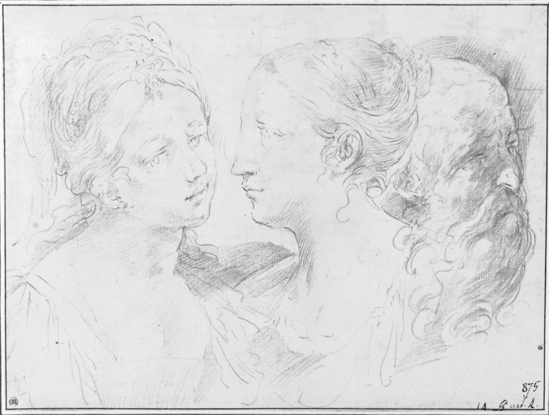 Heads of two women and a bearded man