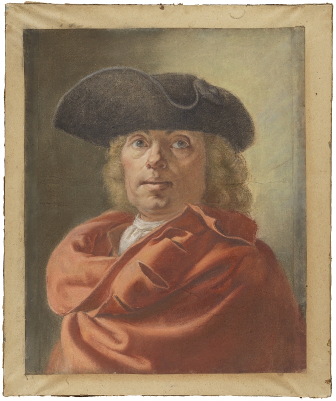 Självporträtt, med trekornshatt och röd mantel