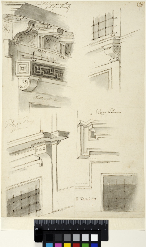 Arkitekturdetaljer, dörr- och fönsterkrön, från Palazzo Farnese och okänt palats vid Piazza Colonna, Rom