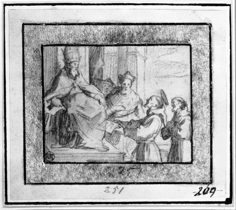 Sankt Franciskus presenterar sina ordensregler för                     Påven Innocentius III