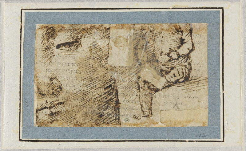 Fragment av ett kvinnohuvud och sittande pojke