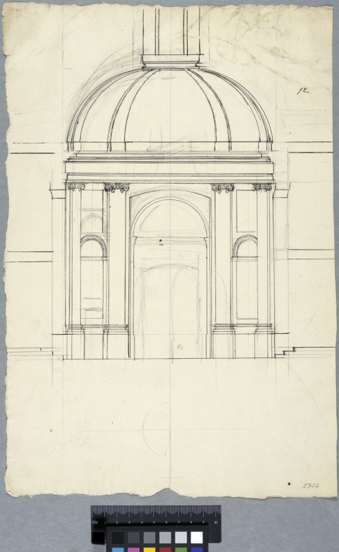 Förslag till kyrkobyggnad med cirkulär plan, kupol samt lanternin; sektion med elevationer