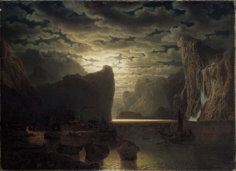 Norwegian Fjord in Moonlight. Motif from the Sogne-Fjord