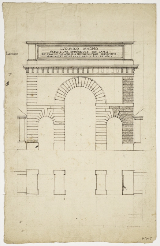 Portre St. Martin, Paris ; elevation av triumf-/stads-porten samt plan
