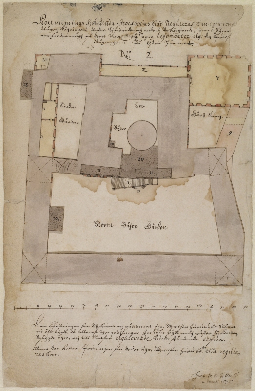 Stockholms slott; planritning av slottets utseende med underliggande förslag till ombyggnad, 1656. No. 2