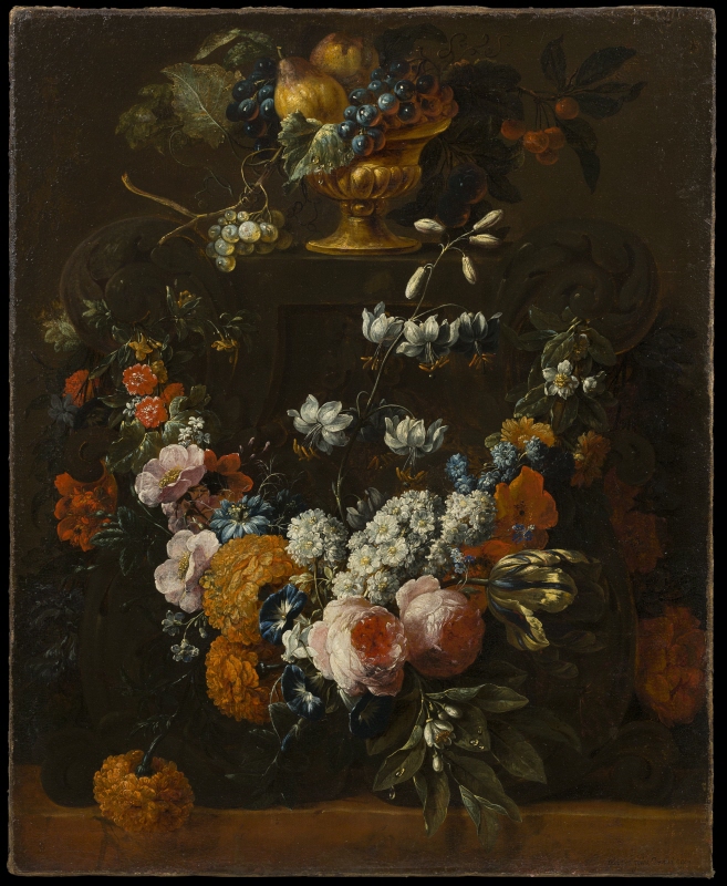 Flower Garland and Gilded Bowl of Fruit
