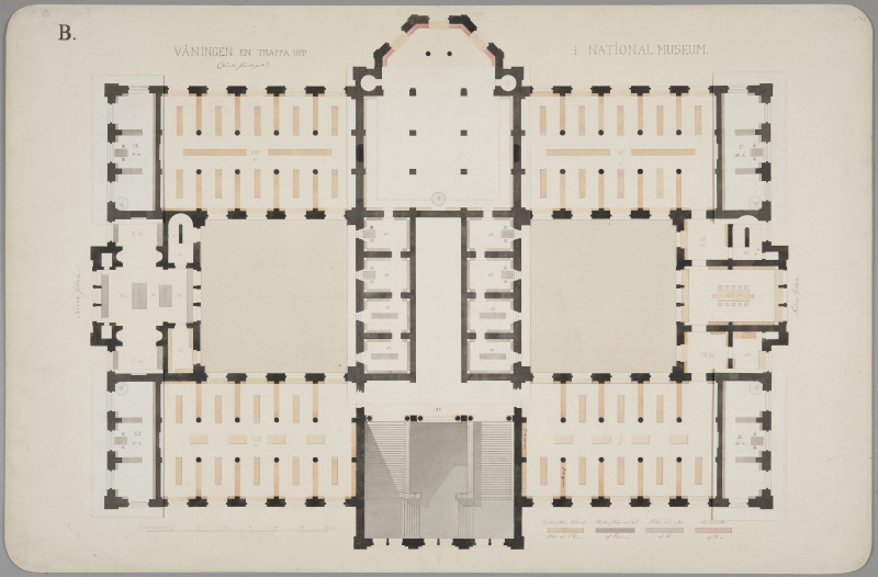 Nationalmuseum. Plan av mellanvåningen med alternativa förslag påklistrade, första förslaget