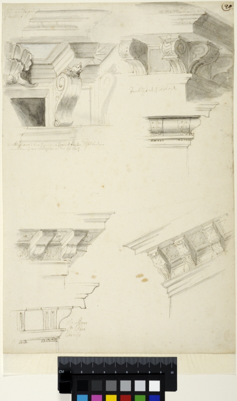 Arkitekturdetaljer, kornischer med konsoler, från bl.a. S. Chiara i Rom