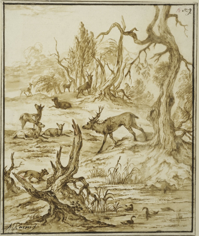 Landscape with Deer, a Fox and Ducks
