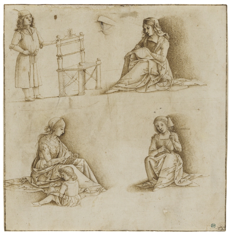 Studie med tre sittande kvinnor, en pojke vid en stol, samt ett öga sett från sidan