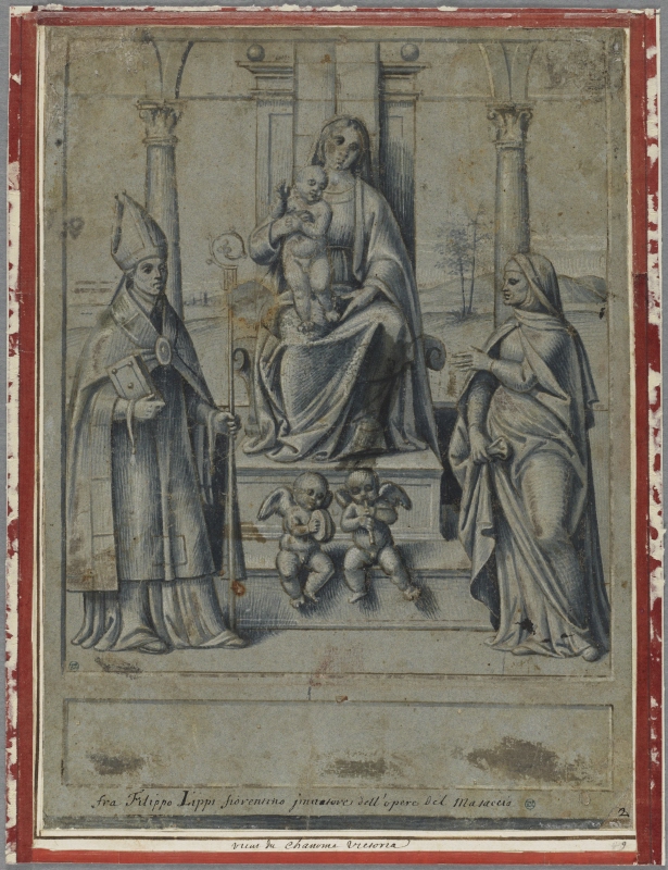 Jungfru Maria på tronen, flankerad av en biskop och ett kvinnligt helgon