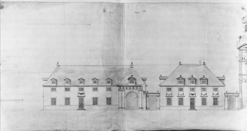 The Wrangel Palace, Stockholm. Section through the court and main building with elevation of the wings