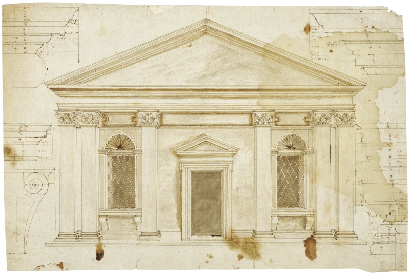 Rome: Sant’Andrea in Via Flaminia, perspectival elevation of the façade with measured profiles of decorative details, c. 1551