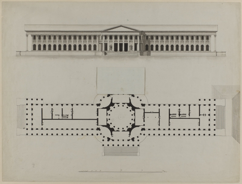 Draft for the Addition of a Monumental Stairwell at North. Façade and Plan