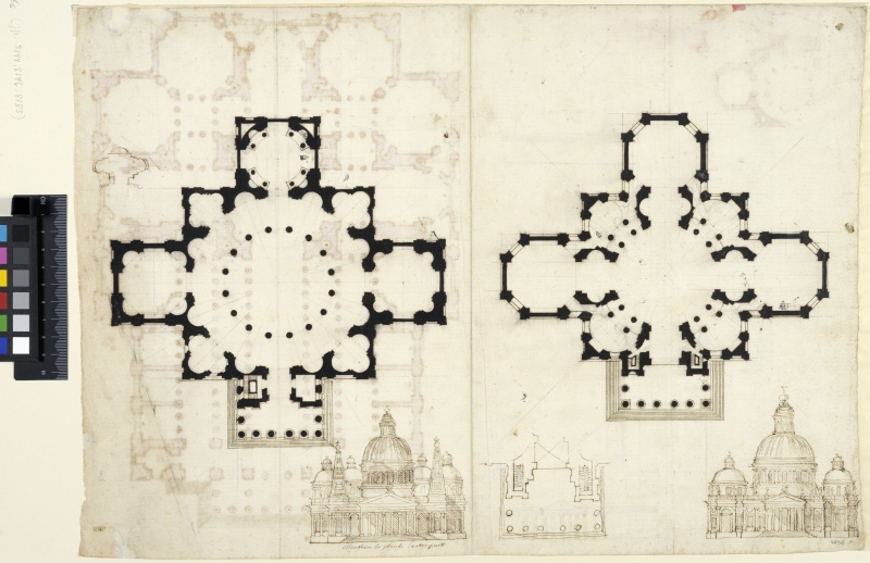 Plans and Elevation of Domed Central Plan Church and Elevation of the Church on THC 4429. Also plan details. THC 4429 on the back