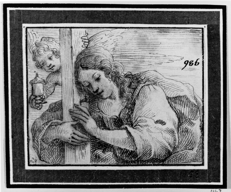 Maria Magdalena med armarna runt korsets bas