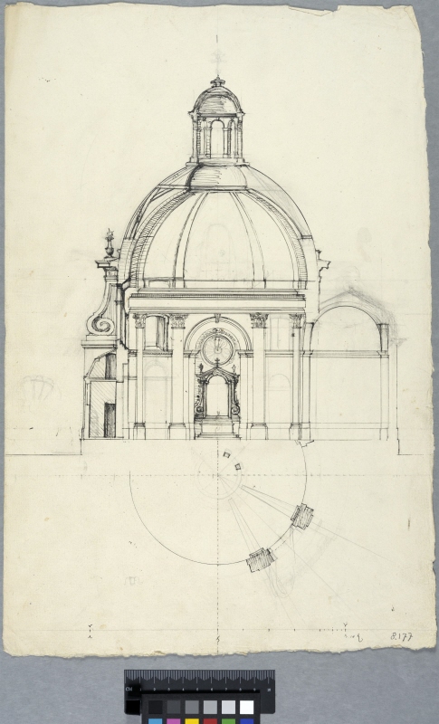 Förslag till kyrkobyggnad med kupol över cirkulärt kyrkorum; sektion med elevationer och ett altare, samt plan av kupolen